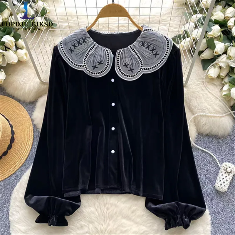 Women's Retro Lace Doll Collar Long Sleeve Velvet Top Casual Spring Autumn Base Shirt
