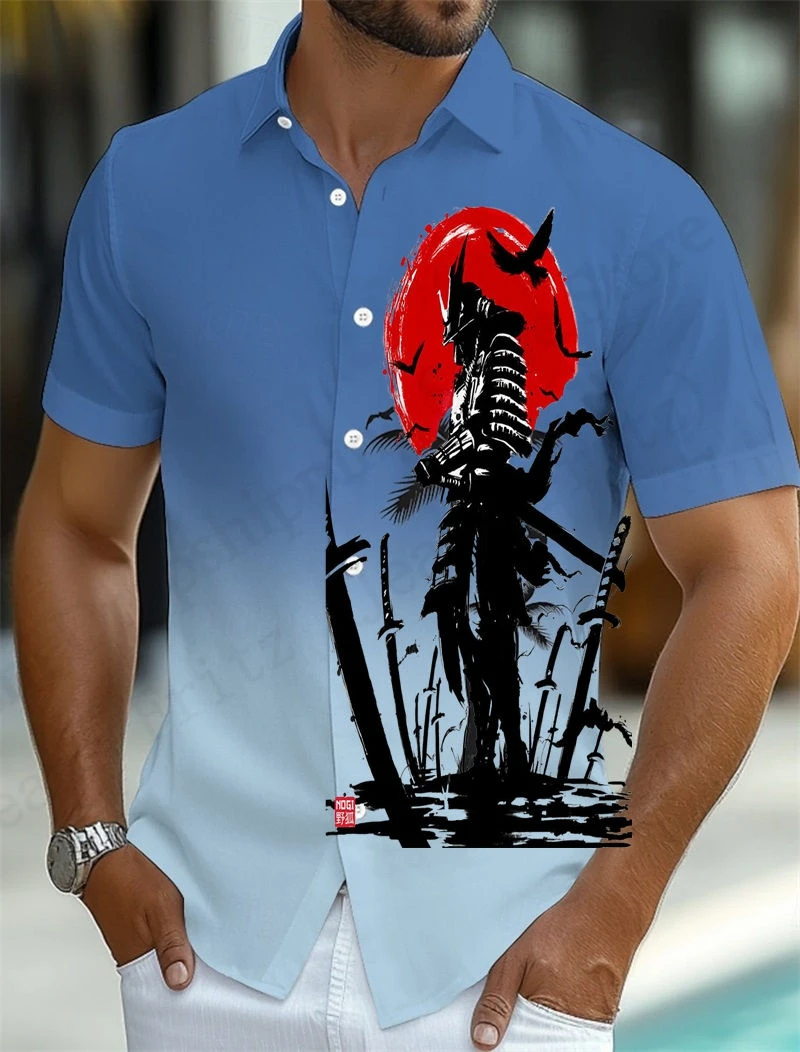 

Японская самурайская гавайская рубашка большого размера с 3d принтом Рубашка для мужчин и женщин Модные повседневные рубашки с короткими рукавами на пуговицах Мужская блузка Camisas