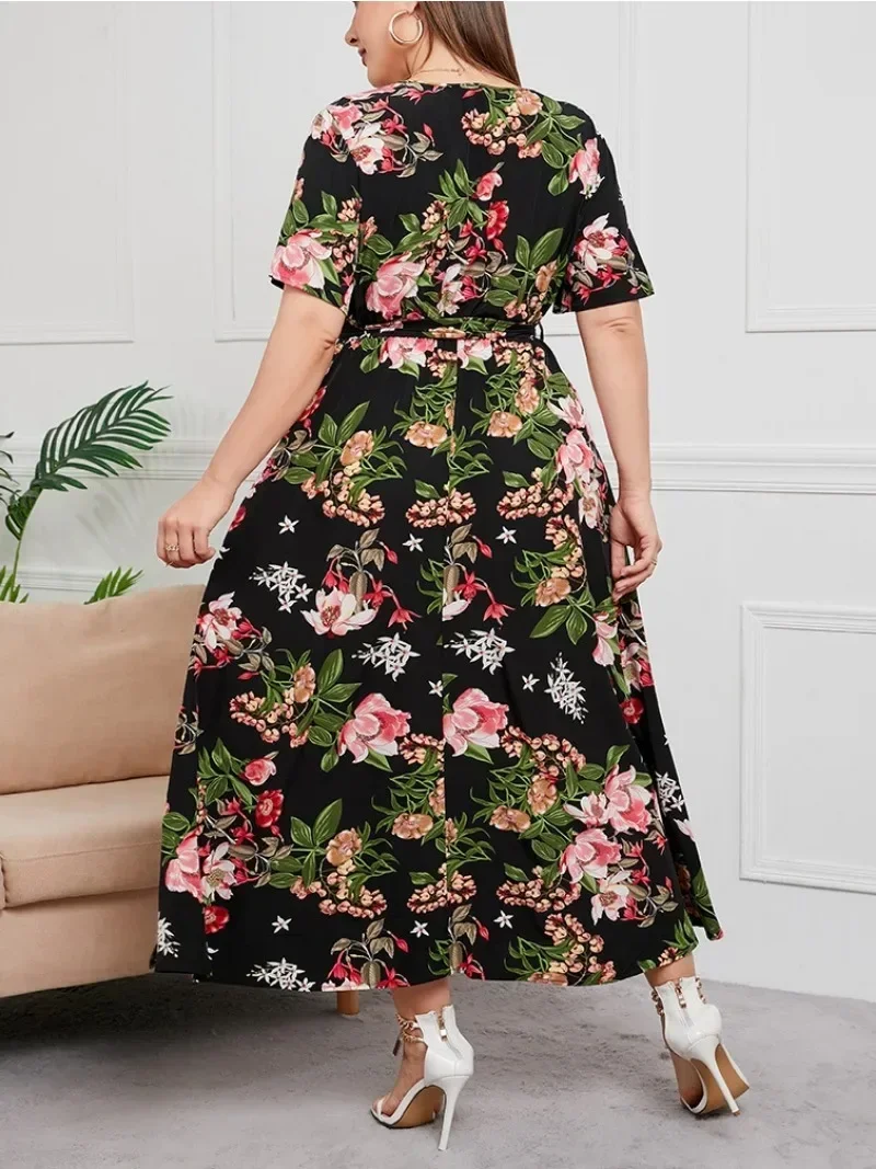 Moda damska Wysoka talia Modna sukienka z dekoltem w szpic o średniej długości Plus Size 1XL-5XL Temperament Nadrukowana czarna seksowna modna