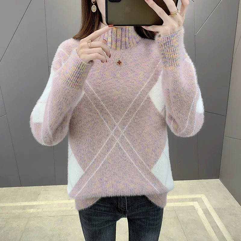 

Women New Autumn Winter Half Turtleneck Sweaters Jumper Colorblock Imitation Mink Velvet Sweater Pullover Clothes Female Tops