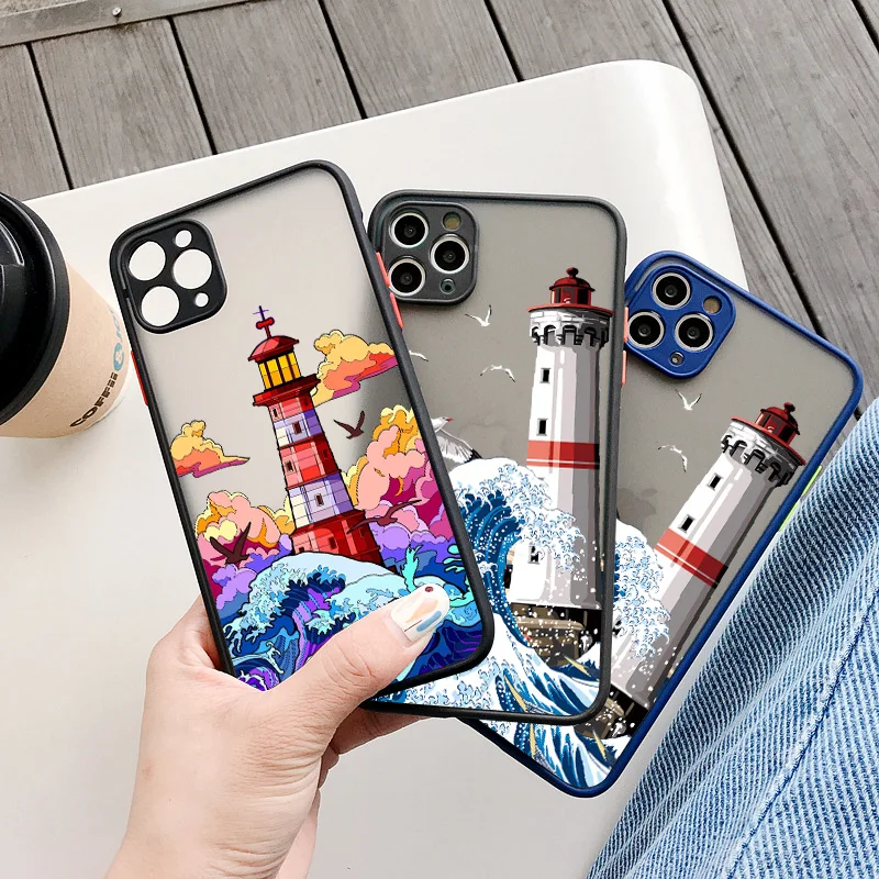 Etui na telefon Blue Wave do iphone 16 15 12 11 13 Pro Max Lighthouse Illustration Cover do iphone X XR XS 7 8 14 Plus Shells