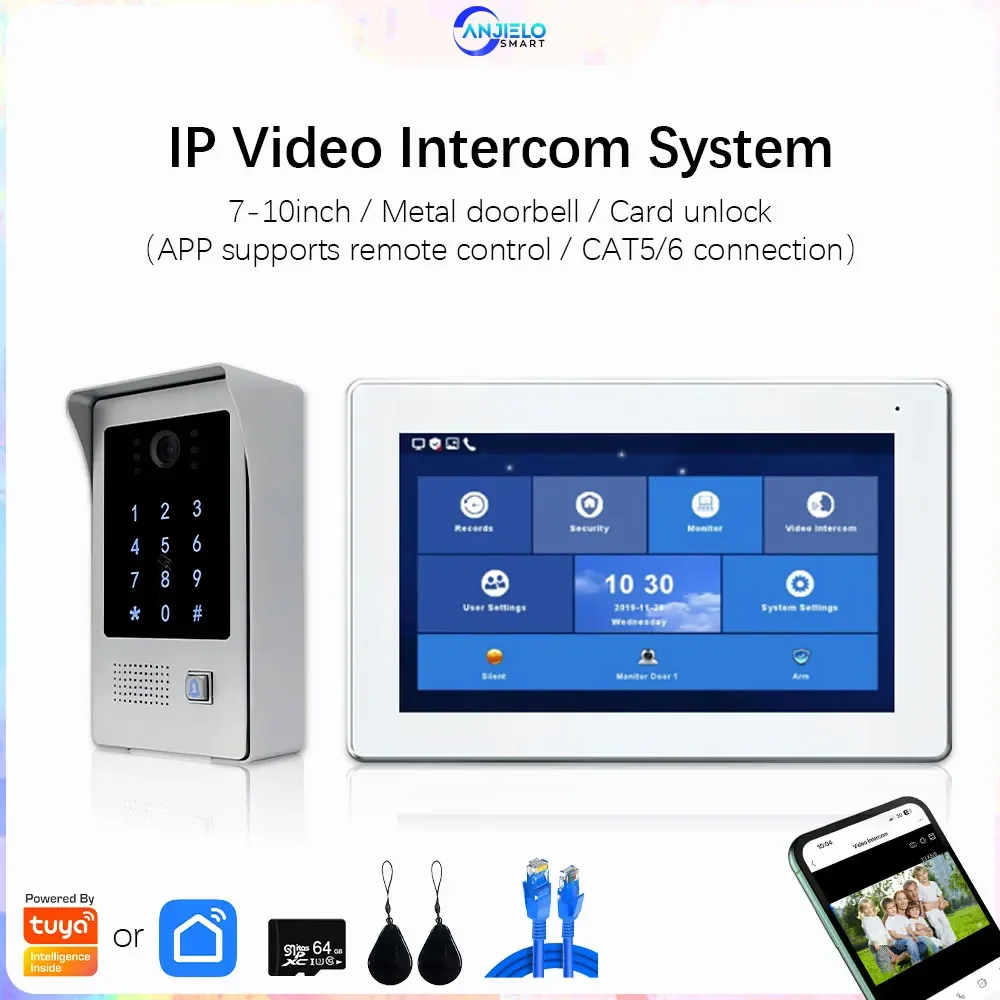 7-inch 10-video Door Telephone Doorbell Intercom Tuya Smart Kit Waterproof Outdoor IP/WiFi Network RFID Card Smartphone Unlock