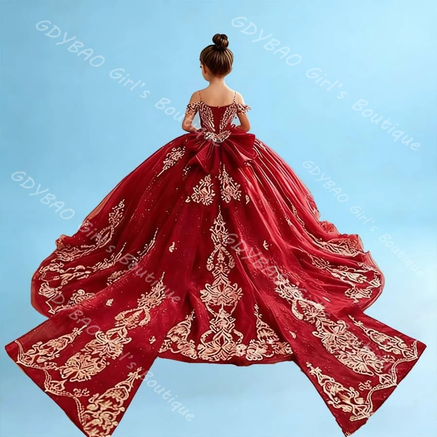 

Luxury Gold Embroidery Lace Tulle Flower Girl Dresses with Bow Drop Shoulder Ball Gown Pageant Dress Kids Customized Party Gown