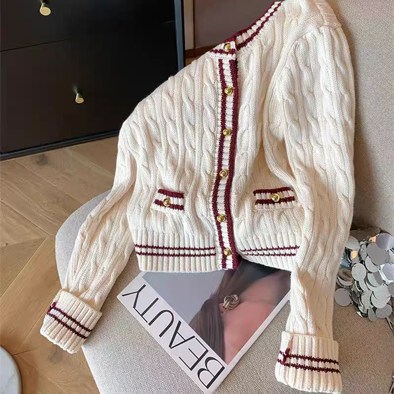 New Autumn Winter Korean Fashion Casual Sweater Women Elegant Long Sleeve Patchwork Knitted Cardigan Coat Knitwear Tops F845