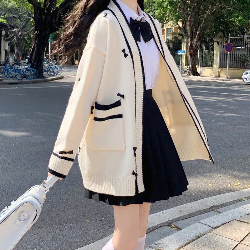 Preppy Style Beige Sweater Cardigan Women Japanese Fashion Sweet JK School Girly Oversize Bow Jumper Female Winter Tops