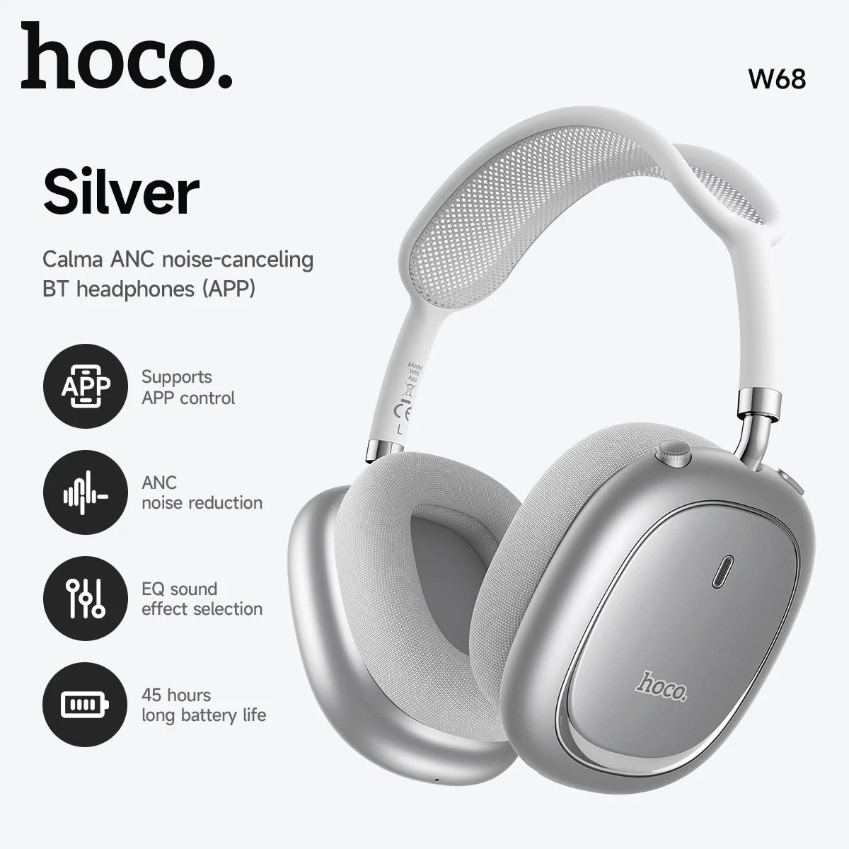 Over The Ear ANC Noise Cancelling Bluetooth 6.0 Headphone Big Wireless Earphones APP Function Sports Headsets For IPhone Samsung