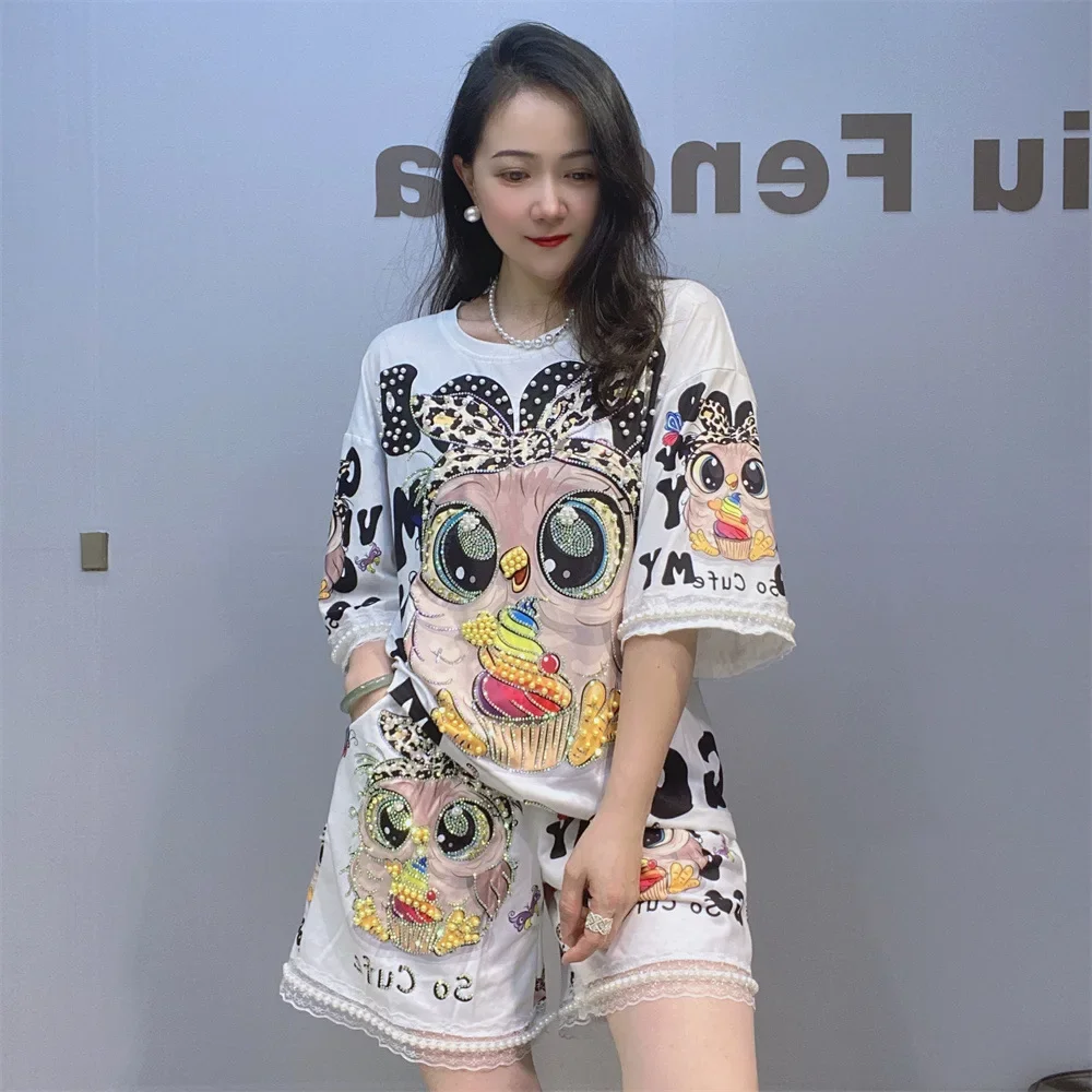 

Fashion Diamonds Beading Short Sets Women Summer Clothes Loose Casual Knitting Cartoon Printed Two Piece Sets Womens Outifits