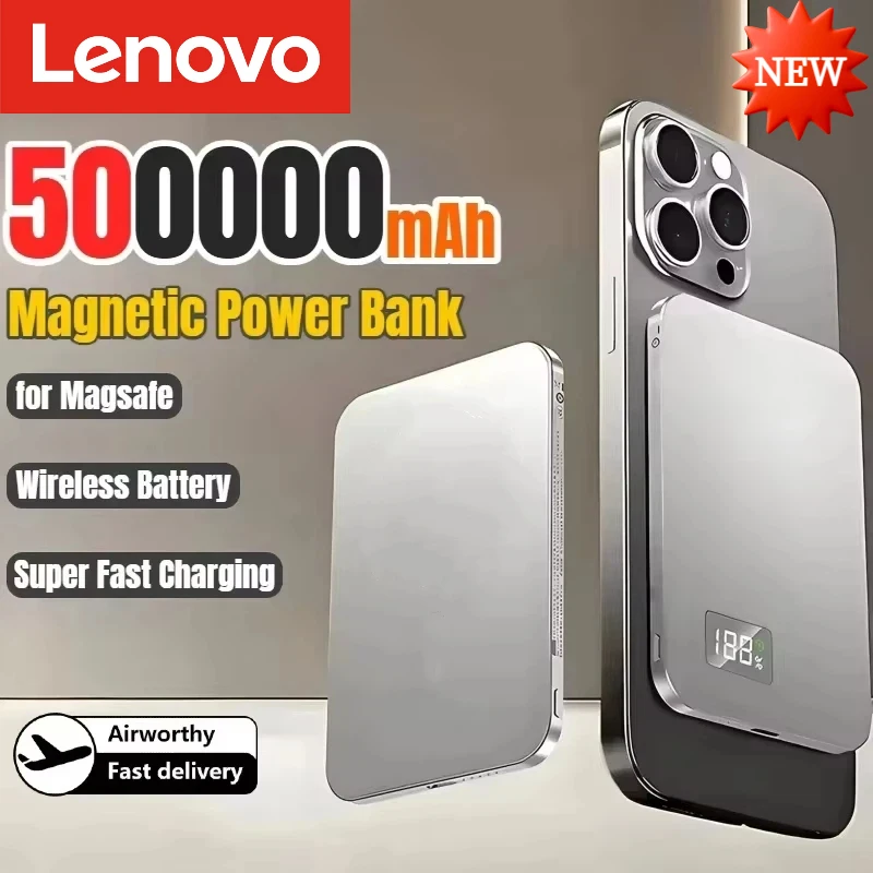 Lenovo Ultra-thin 500000mAh Mobile Power Bank For MagSafe Magnetic Wireless Fast Charge Portable LED Display For iPhone Xiaomi