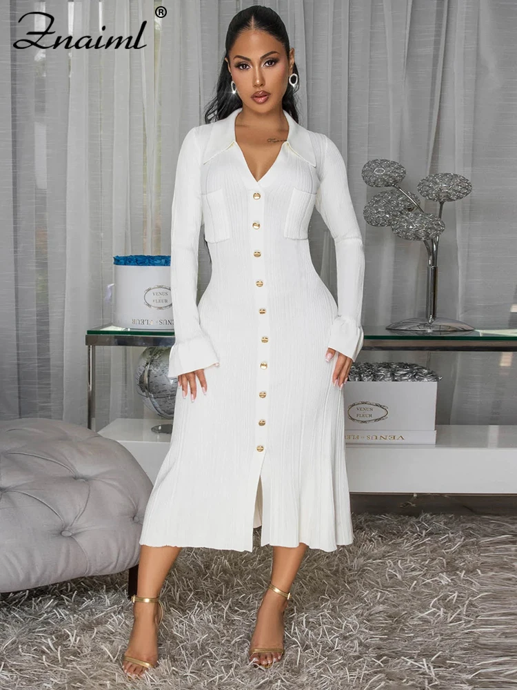 Znaiml Elegant Women Lapel V Neck Flare Long Sleeve Patchwork Button Black Maxi Dresses Autumn Winter Birthday Evening Prom Robe