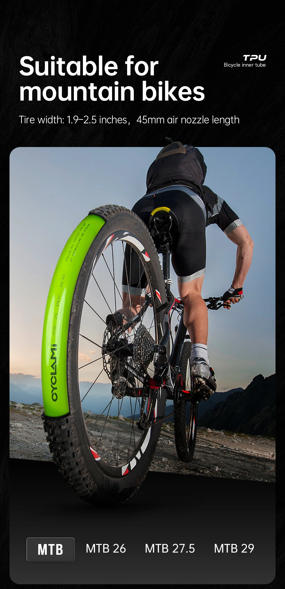 CYCLAMI Fahrradschlauch Ultraleichter TPU-Schlauch Metall Presta-Ventil FV Abnehmbares Fahrradzubehör für Mountain 1.9 2.5 MTB 29 27.5 26 – Detail 6
