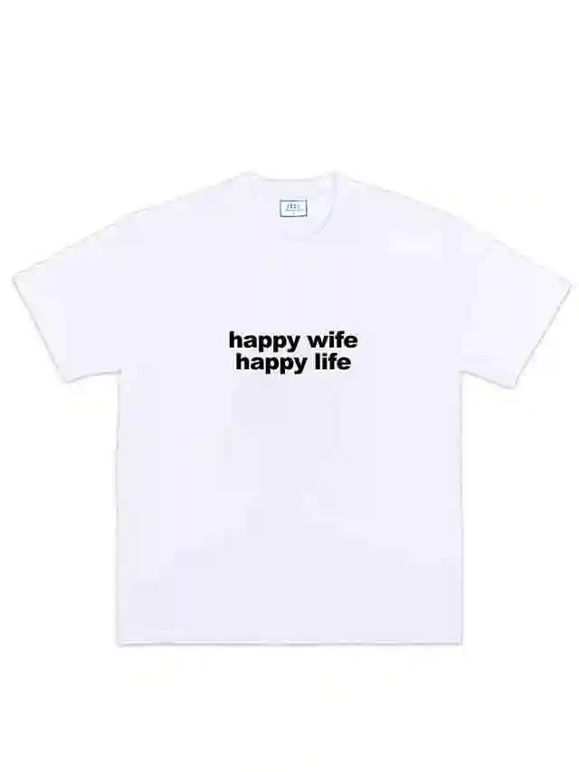 Happy Wife Happy Life Simple White Letter Print Cotton T-Shirt Unisex Short Sleeve Casual Couple Matching Tee Valentine Gift Top