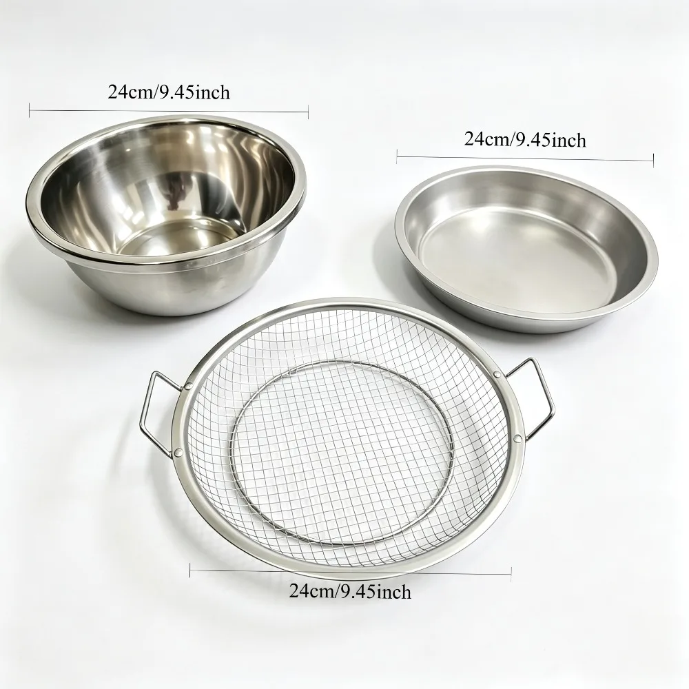 Stainless Steel Mixing Bowls 3 Piece Heavy Duty Bowl Set with Mesh Strainer Serving Tray for Baking Frying Draining Kitchen Prep