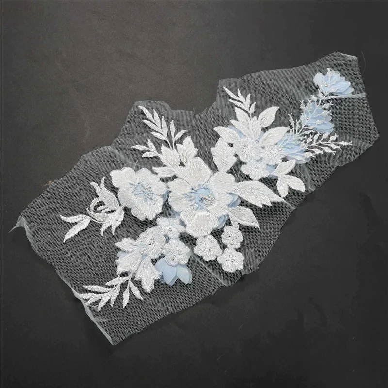 

FX-3X Beaded Hot Drilling Lace Bridal Beaded Flowers Embroidery Patches For Clothing Wedding DIY Decor Sky Blue
