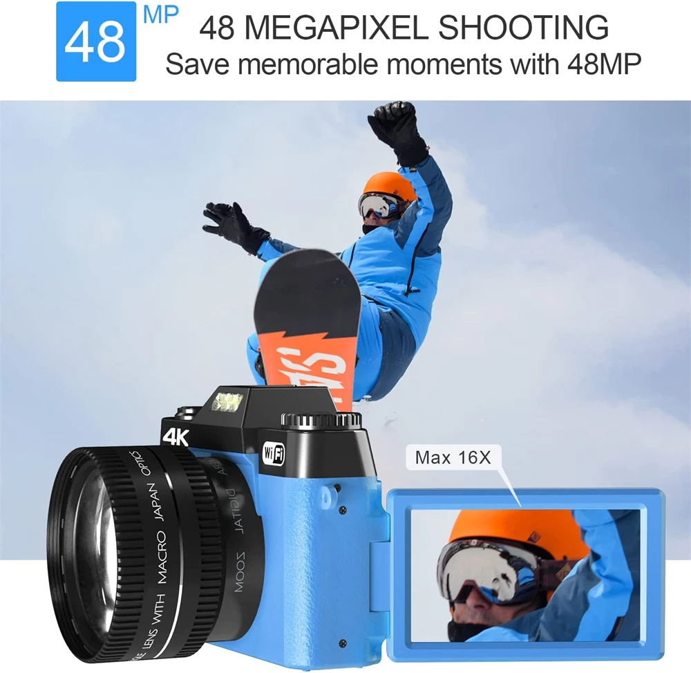 Macro Lens 4K Digital Camera Flip Screen Selfie Camcorder 48MP Youtube Vlog WIFI Webcam Vintage Video Recorder 16X Wide Angle