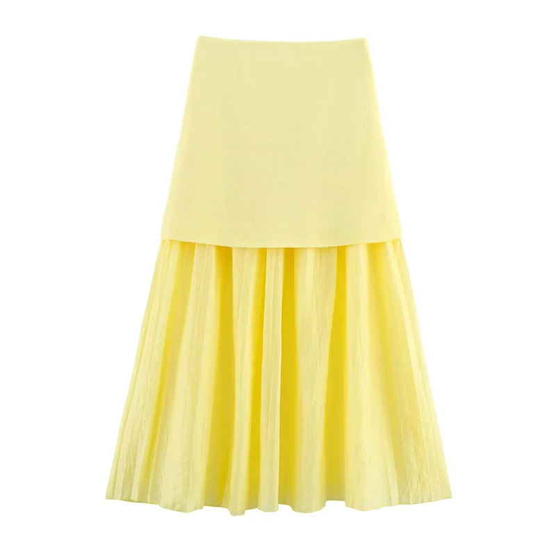 YENKYE Fashion Women Sexy Semi-sheer Pleated Patchwork Knit Long Skirt Vintage Elastic High Waist Elegant Skirts Maxi faldas