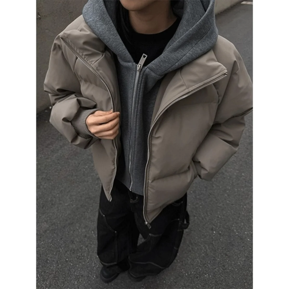 

Men's Thiened PU Leather Patchwork Hooded Cotton Jaet Winter Warm Bread Sle Outerwear Stand Fit Casual Long Sve