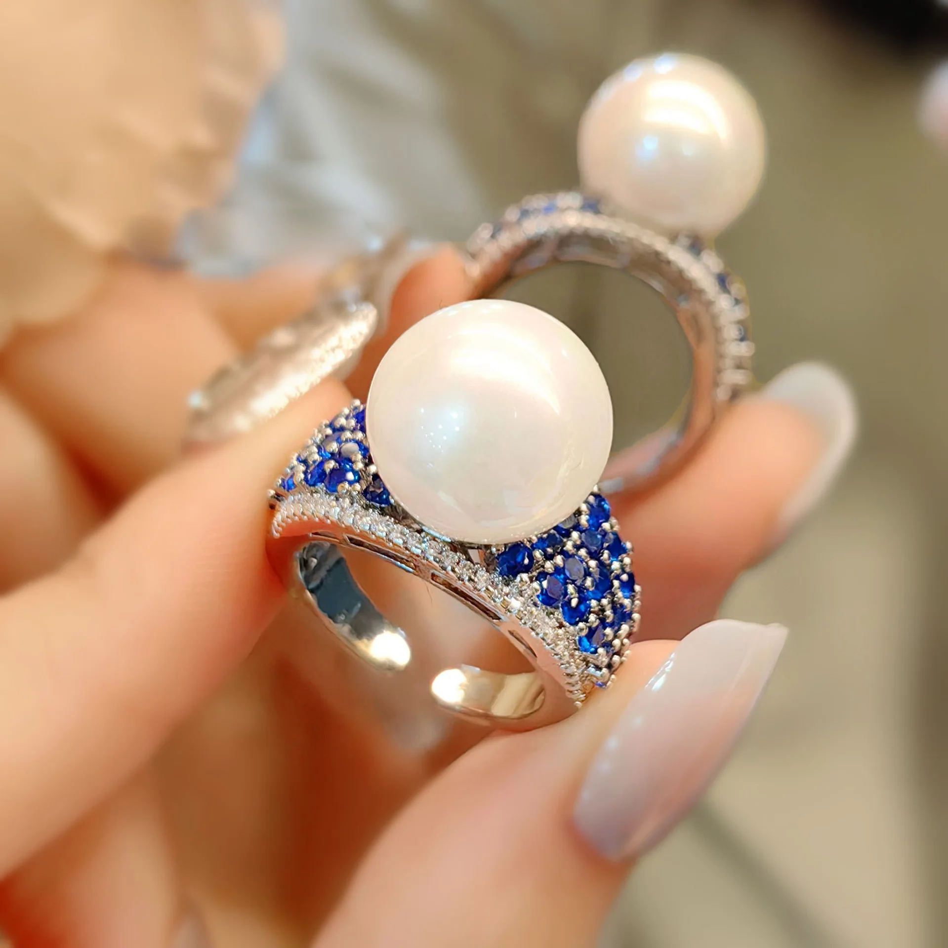 Vintage Baroque Pearl Ring Aurora Fancy Blue Spinel High Carbon Diamond