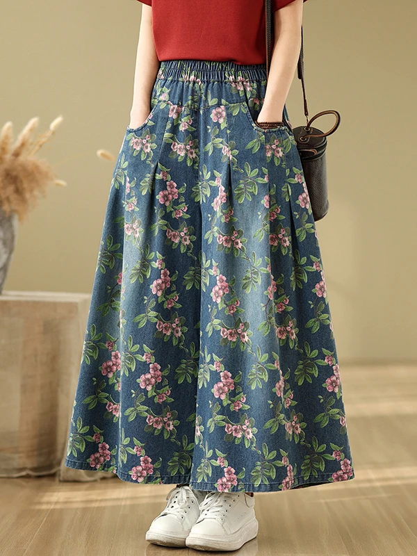 الربيع الصيف رقيقة الأزهار طباعة Waed الدنيم عالية الخصر ضئيلة واسعة الساق عارضة السراويل ل زائد حجم المرأة العصرية تنورة الجينز #5