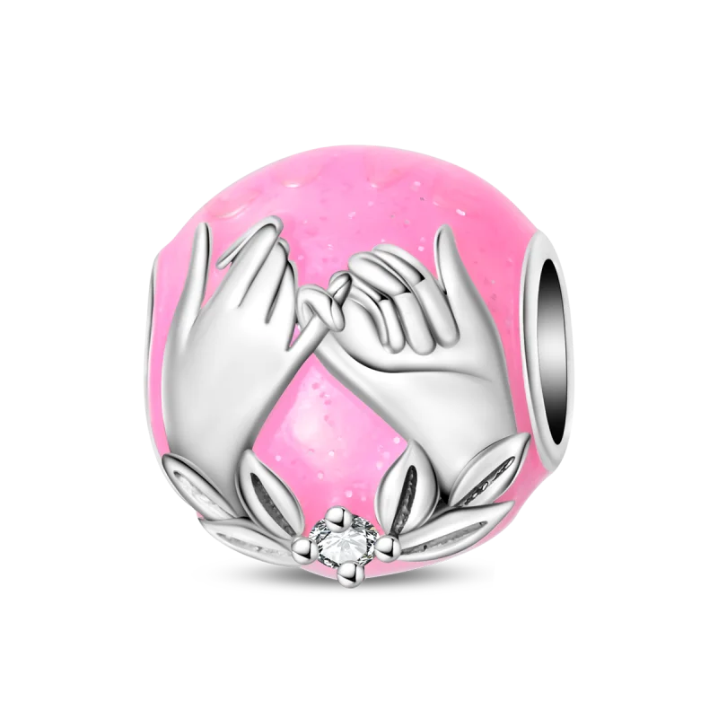 Charm 925 Silver Hand in Hand Luminous Pink Round Beads Fit Original Bracelet Jewelry Making Fine Gift Diy Accessory