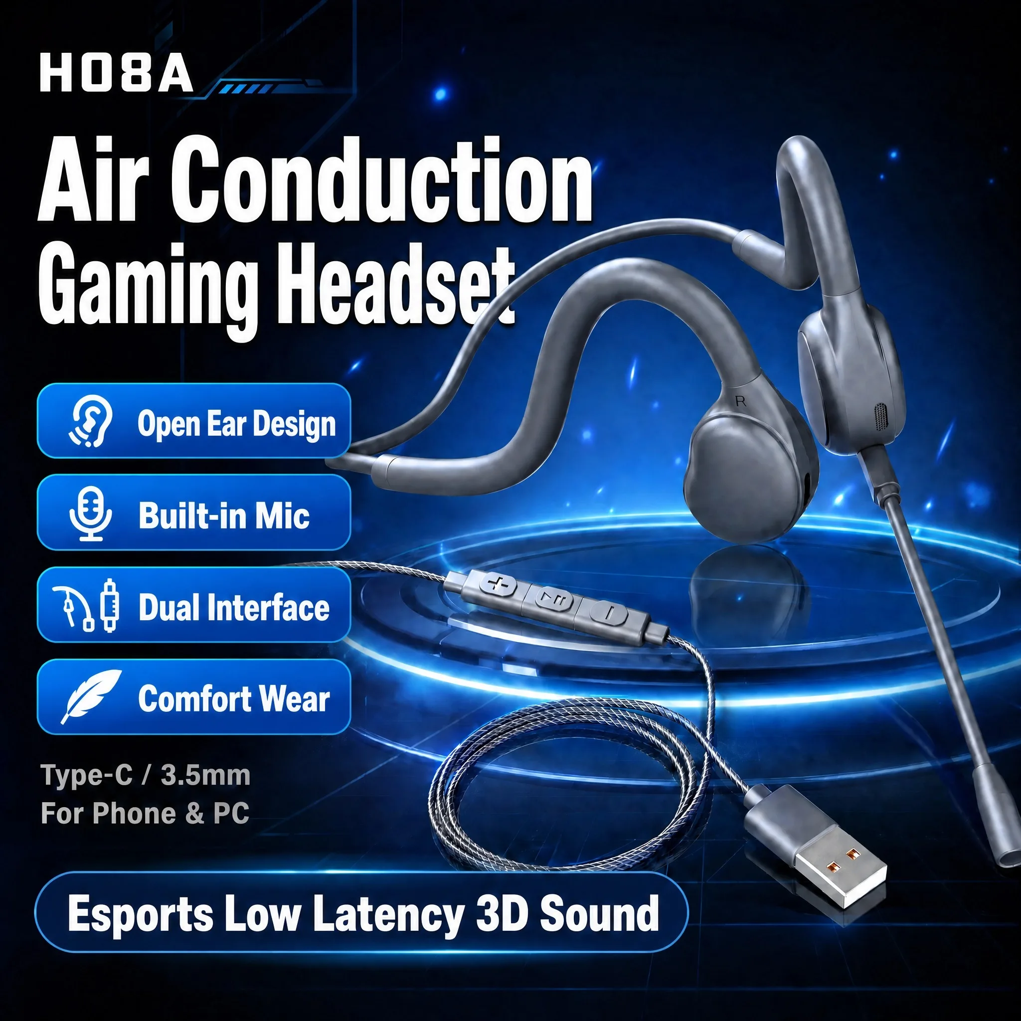 H08A Wired Headphones Over Ear With Microphone Type-C 3.5mm Headset Gamer Sound Card Gaming Earphone For Samsung xiaomi huawei