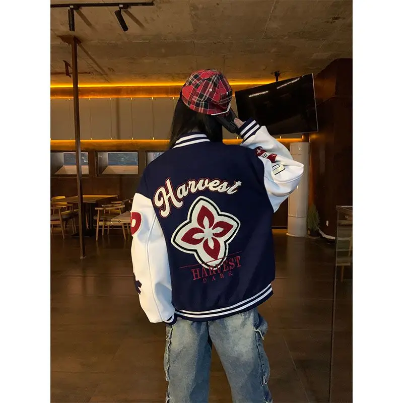 

Varsity Baseball Bomber Jacket Men Harajuku Bone Letter Patchwork Leather Jackets Streetwear Women Unisex Baseball Uniform Coats