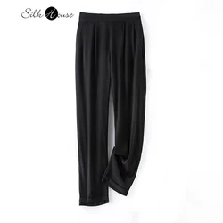 Spring and Summer Women's Mulberry Silk Pants Suit Straight Leg Pants Solid Black Fashionable Elegant Breathable and Comfortable