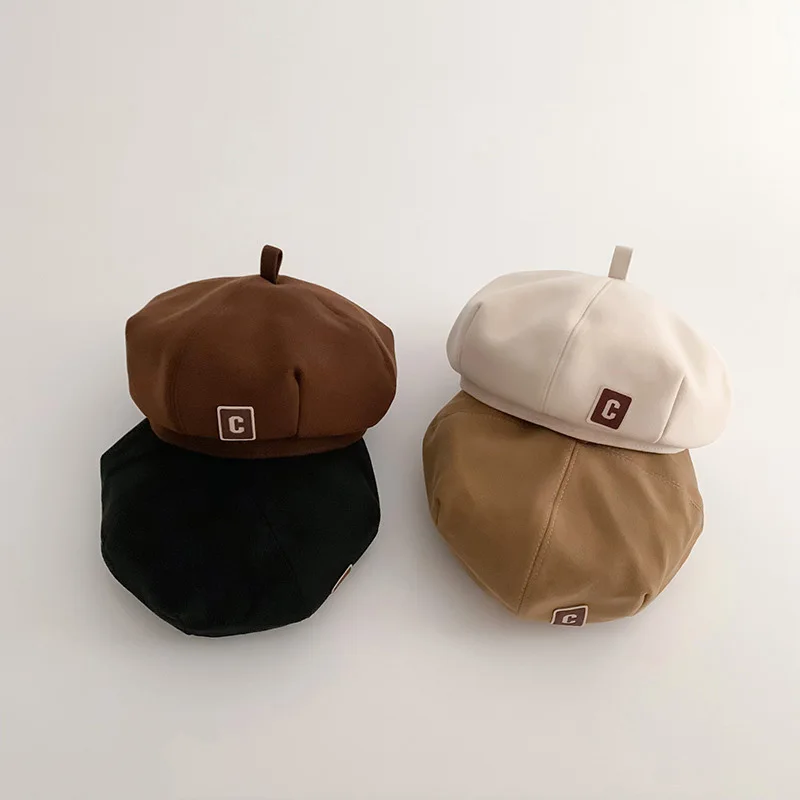 

C-Letter Beret Fashion Kids Pumpkin Cap 2-6Year Boy Girl Baby Artist Painter Hat Solid Color Beanie Spring Autumn Cotton Bonnet