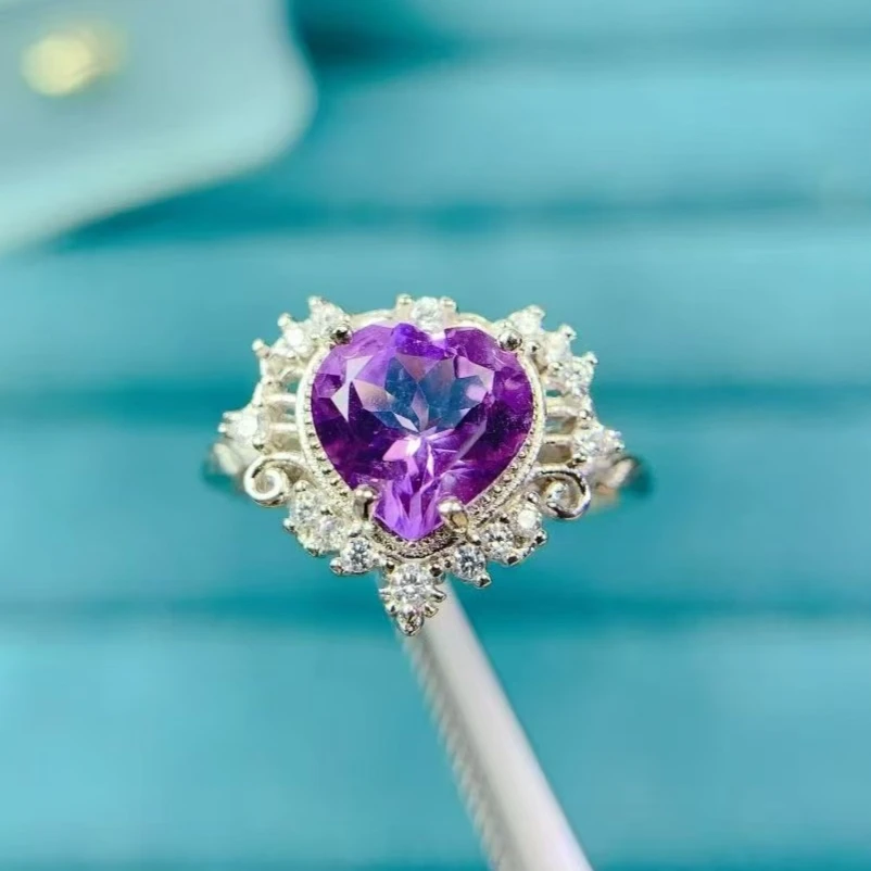 Romantic Heart Crystal 925 Silver Ring 8mm VVS Natural Amethyst Ring with Certificate 18K Gold Plated Silver Amethyst Jewelry