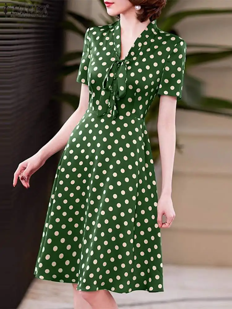 ZANZEA Elegant Polka Dot Dress 2024 Summer Women Tie Neck Sundress Bohemian Short Sleeve Knee Dresses Casual Waisted Office Robe