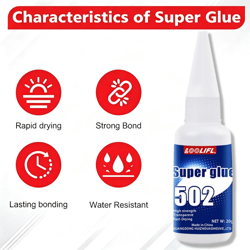 20g 502 Super Glue Instant Fast Drying Adhesive High Strength Clear Liquid Glue for Metal Plastic Wood Rubber Ceramic DIY Repair