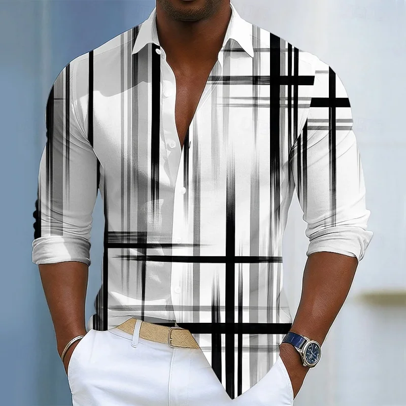 2026 New Men's Shirt Abstract Grid Printed Long Sleeve Shirt Personalized Abstract Line Printed Collar Trendy Casual Men's Top