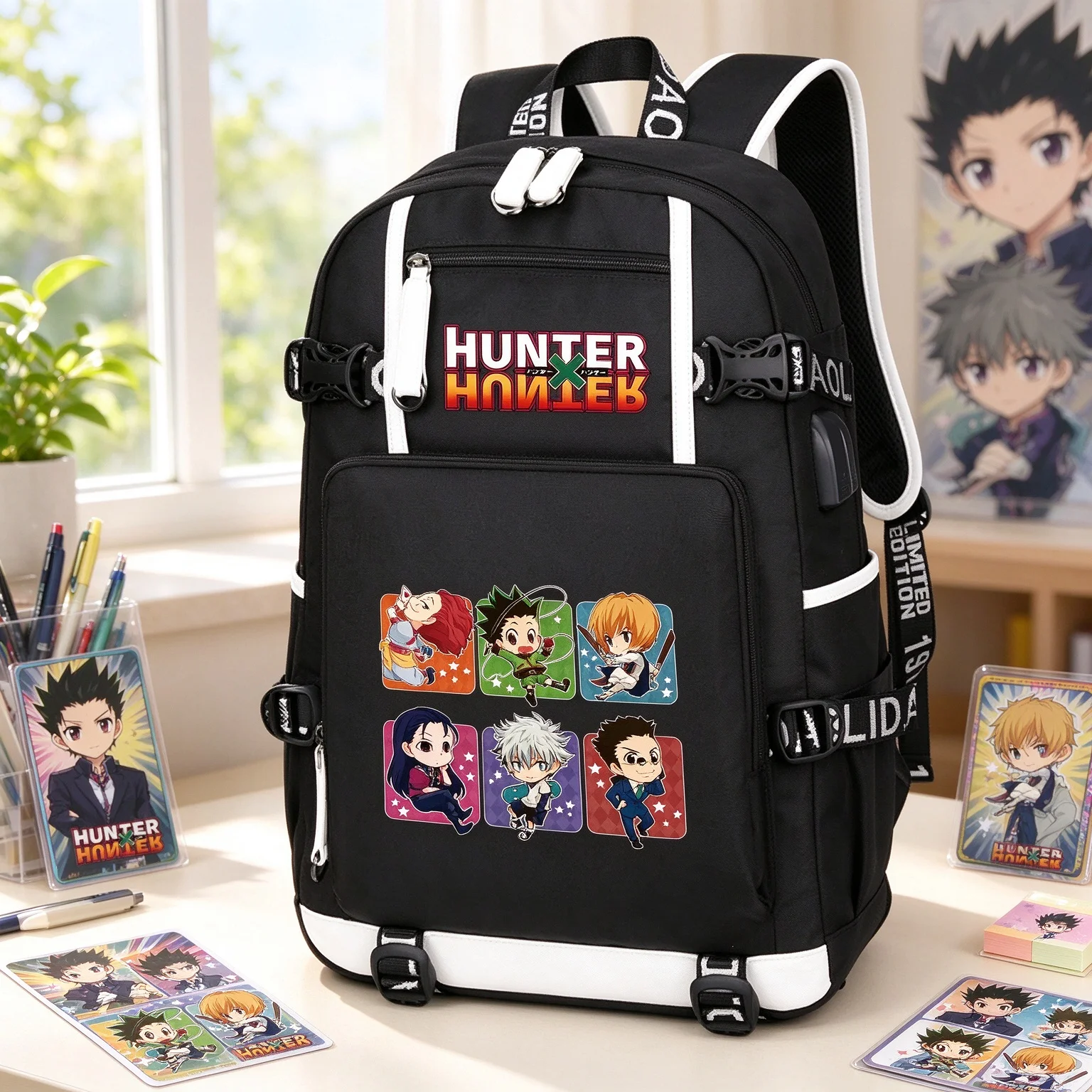 Cartoon HUNTER×HUNTER Large Boys Backpack with USB Port Oxford Anime Travel Bookbag School Laptop Shoulder Bag for Students