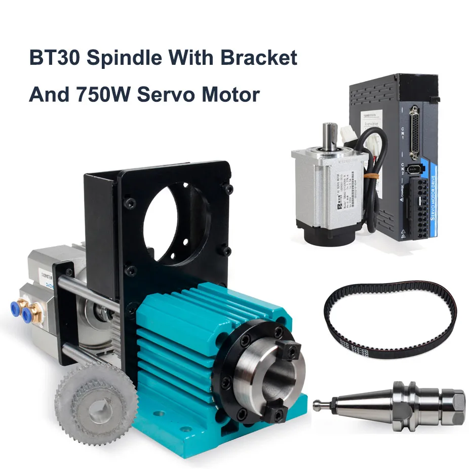 Image of ATC BT30 Pneumatische halbautomatische Werkzeugwechselspindel mit Halterung und 750W Servomotor für Gravur- und Schwermetallschneidarbeiten.