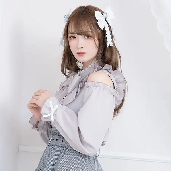 Lolita Style Cute Blouses Shirts 2023 Autumn New Japanese Style Sweet Off-the-Shoulder Big Bow Ruffles Rojita Long Sleeve Shirt