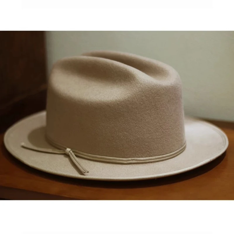 

Handmade Wool Felt Hat,Mountain Top Design American Cowboy Fedora Hat ,Camel Color Big Head Rigid Edge Caps With M L XL Size