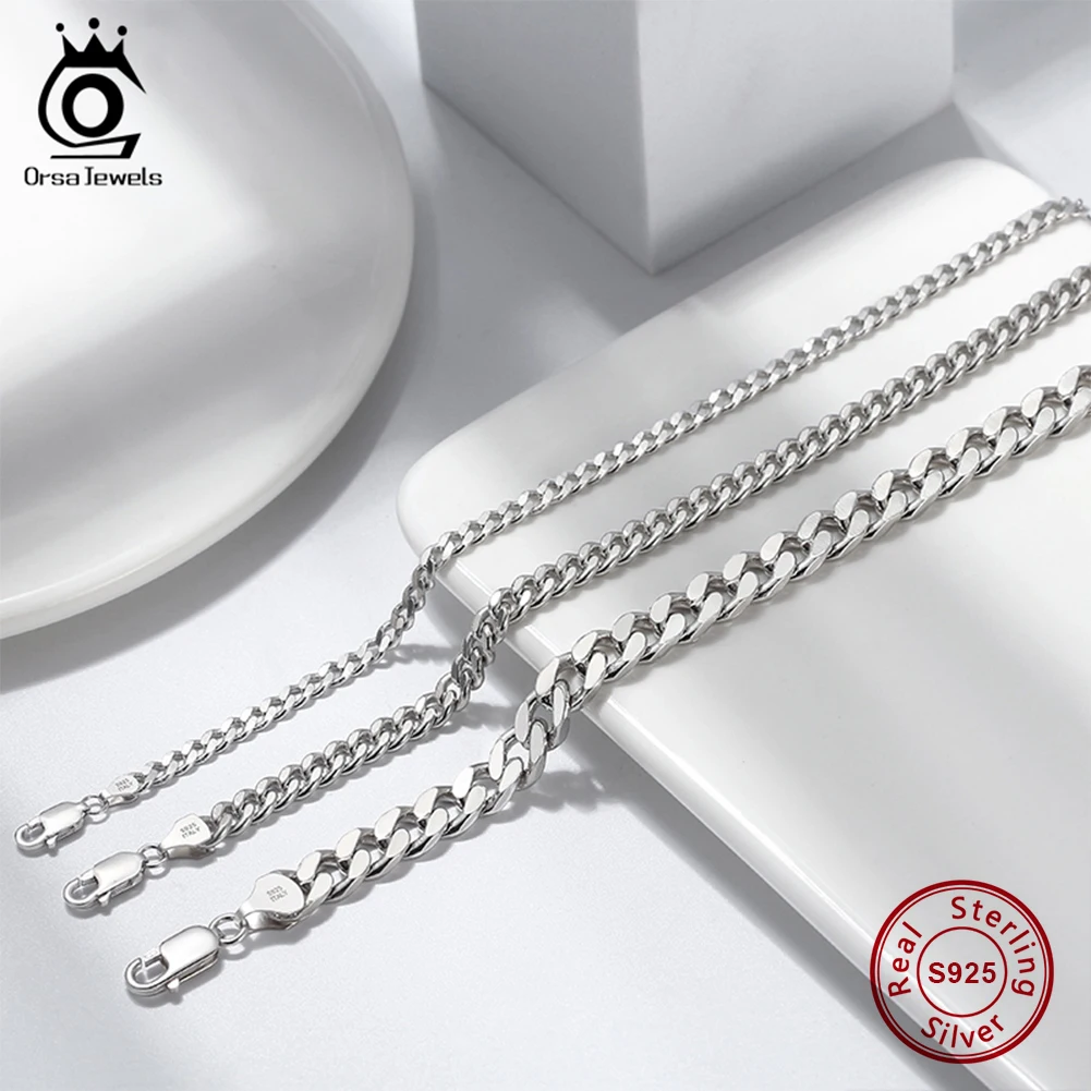 ORSA JEWELS Solid Sterling Silver 925 Cuban Link Curb Chain Bracelet 3.6/5/7mm Diamond-Cut Chain Bracelet Rhodium Jewelry SB104