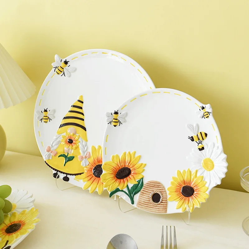 

Spring Bee Sunflower Fairy Ceramic Relief Disc Cute Exquisite Home Dinner Plates Kitchen Gadget