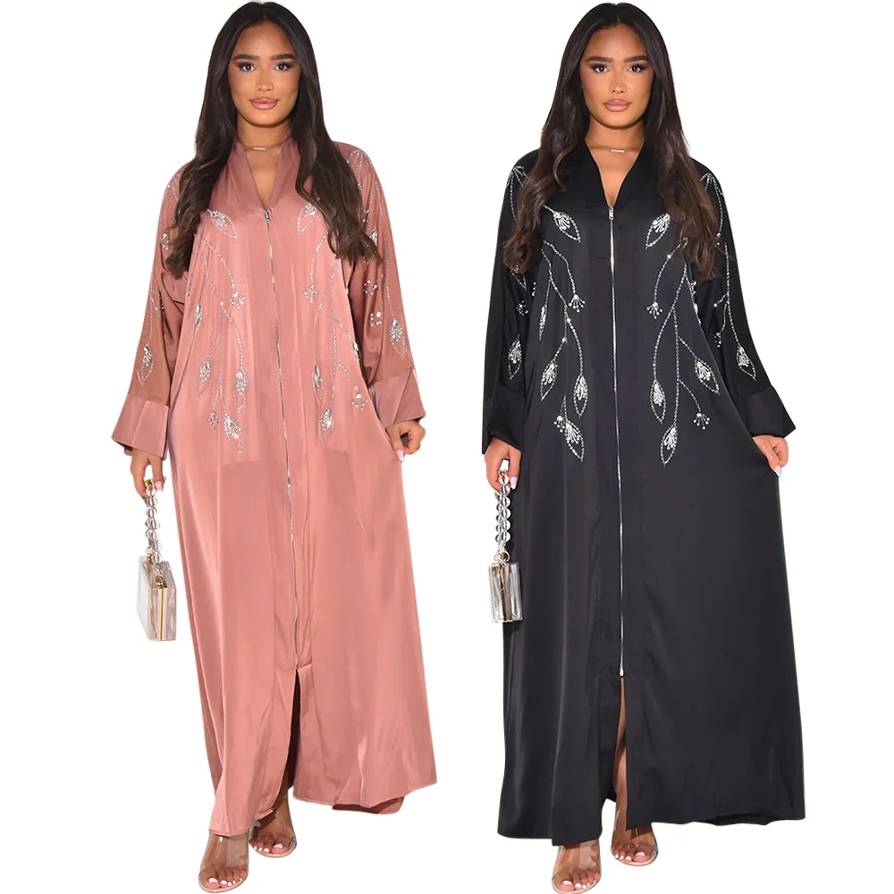 Middle East Ramadan Islamic Muslim Women\'s Arab Robe Abaya Luxury Fashion Wall Satin Hot Diamond Zipper Dubai Long Dress