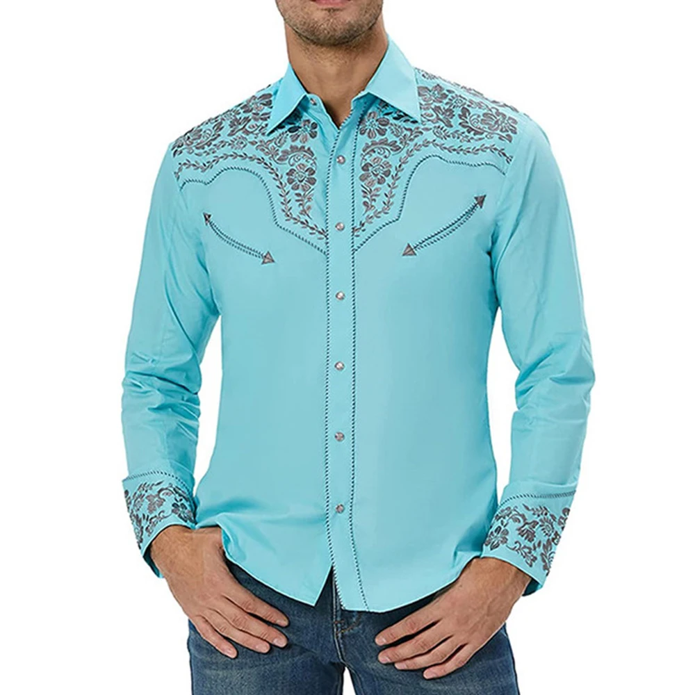 

Винтажные мужские рубашки в западном стиле, рубашки с длинным рукавом, отложным воротником, Повседневная рубашка и блузка с принтом, топы, мужская одежда
