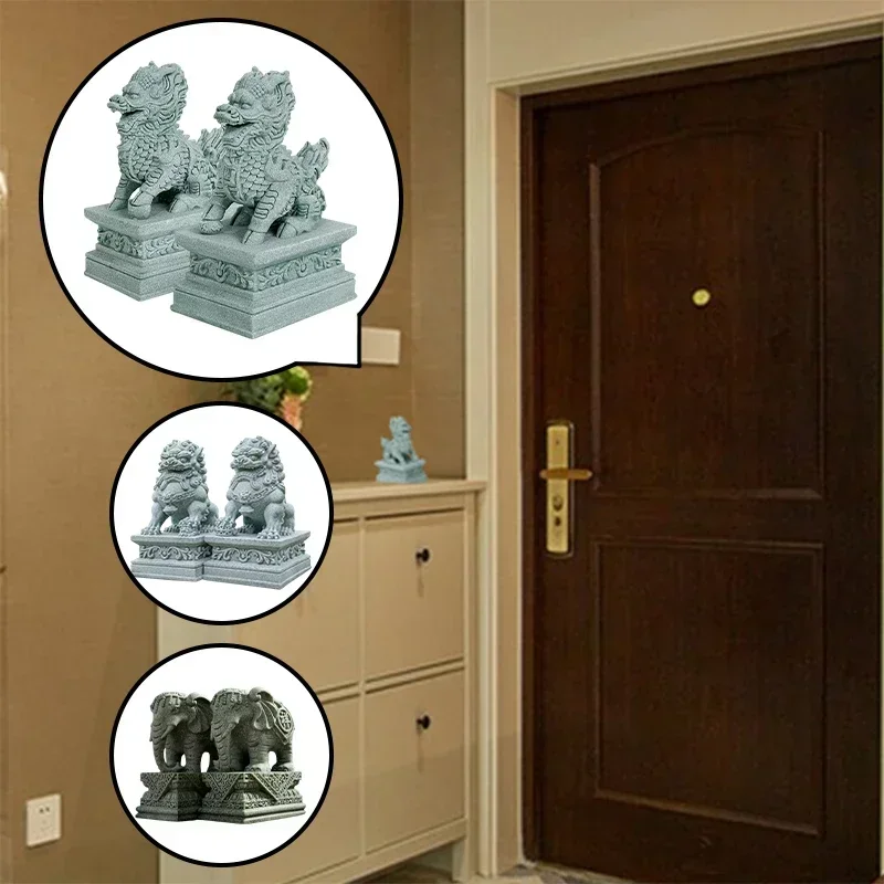 Fu Foo Dog Pair Guardian Stone Lion Statues Chinese Feng Shui Decorative Figurines Home Living Room Bar Cafe Decor Desk Ornament