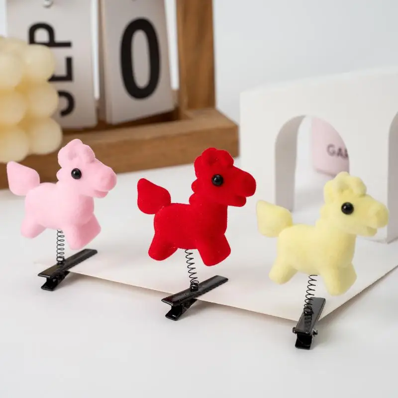 New2/5/10Pcs 2026 New Year Red Horse Hairpin Cute Children Hair Accessories Kawaii 3D Bouncing Pony Duckbill Clip Funny Gifts