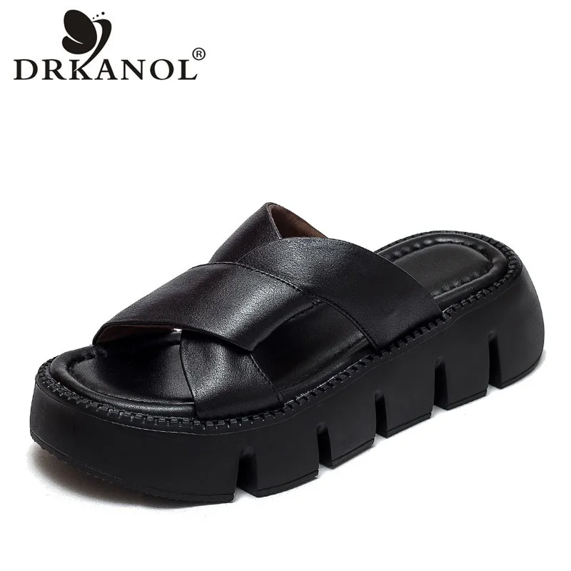 

DRKANOL 2024 Women Summer Platform Slippers Cross Genuine Leather Open Toe Slingback Slippers Women Wedges Casual Sandals Slides