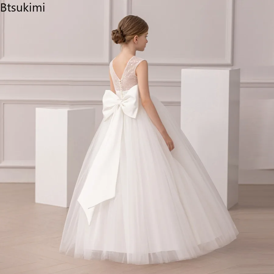Girls Party Dresses Long White Bridesmaid Dresses Wedding Prom Gown Big Bow Girls Party Dress Kids First Communion Formal Gown view 5