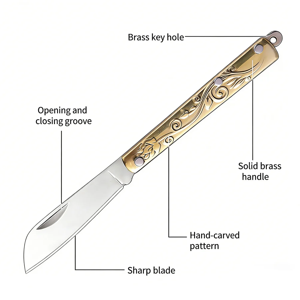 1Pc EDC Keychain Pocket  Stainless Steel Blade Knife with Vintage Hand‑Carved Solid Brass Handle Outdoor Mini Utility Tool