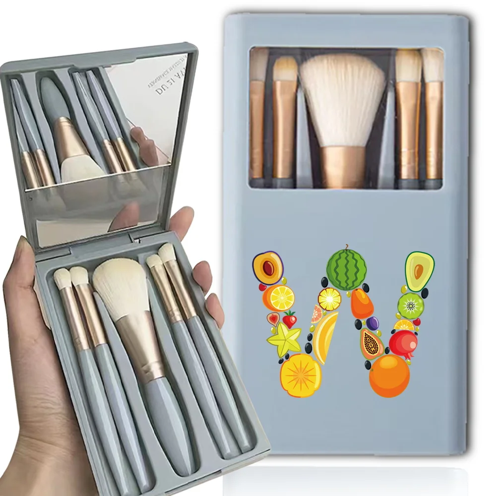 5Pcs Travel Makeup Brush Set With Mirror Box Cosmetic Eyeshadow Brush Kit Organizer Portable Fruit Letter Pattern Beauty Tools