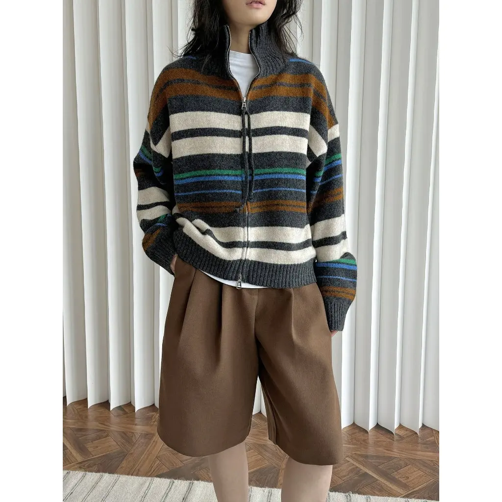 

Women's Korean Style Sheep Wool Sweater Cardigan Winter Soft Skin-Friendly Top Contrasting Striped Stand-Up Collar