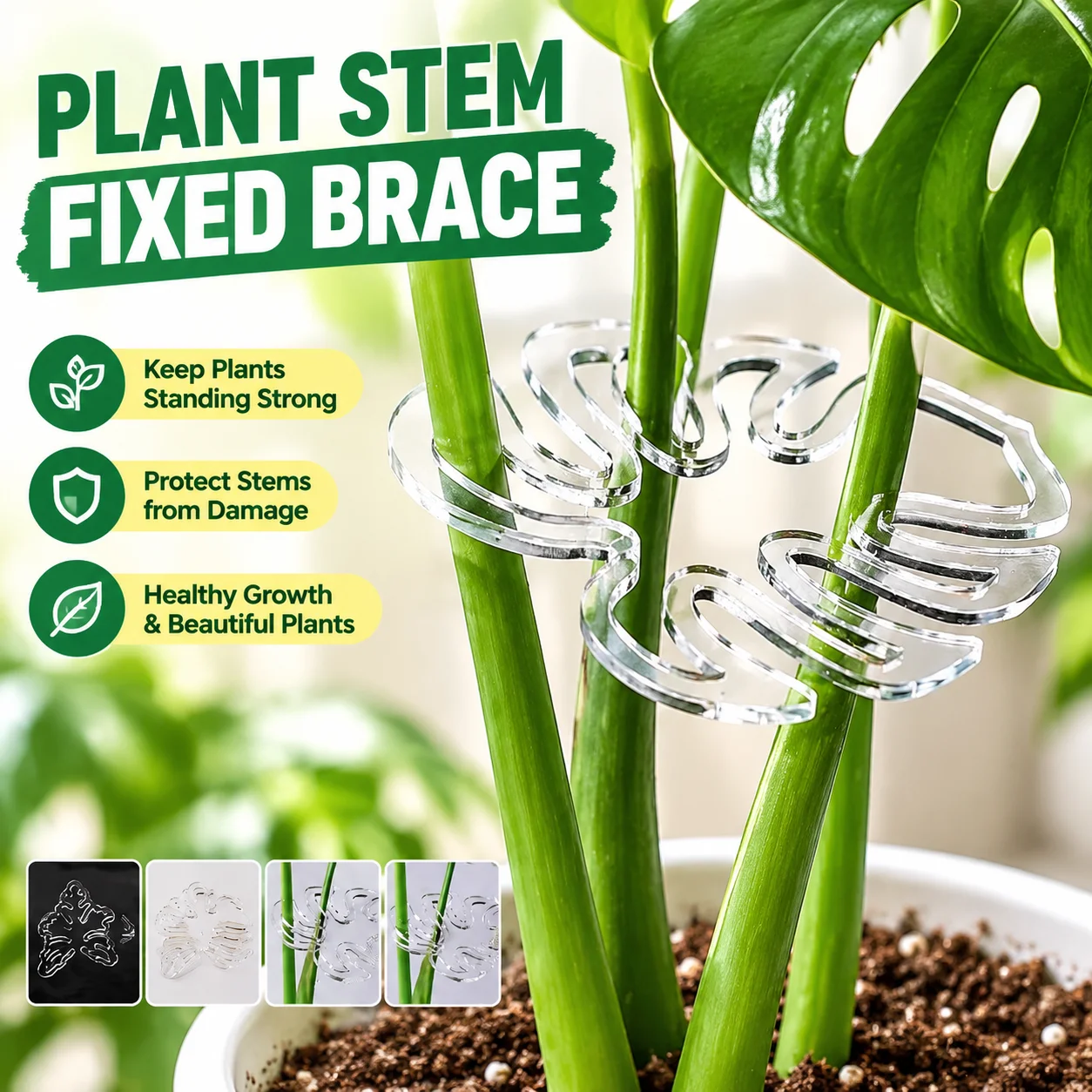 Plant Stem Fixed Brace with Plastic Rope, Monstera Support Pole and Stem Holder, Anti-Fall Green Plant Support Fixing Clip