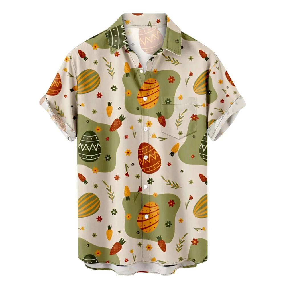 Funny Easter New Hawaiian Shirts For Men Rabbit Egg Printed Button Down Shirts Summer Casual Holiday Beach Party Shirt Clothes