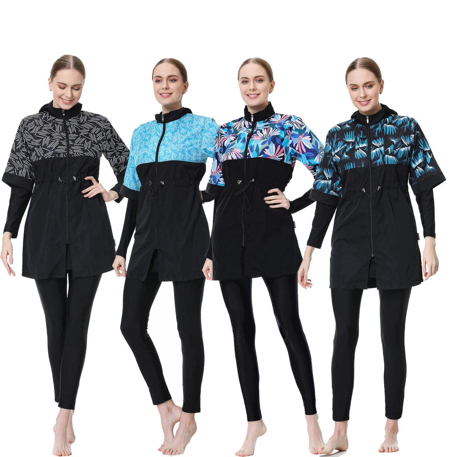 Muslim Sportswear Women Modest Muslim Swimwear with Hood and Floral Print Three-piece Set for Women Dubai Yemeni Women's Shields