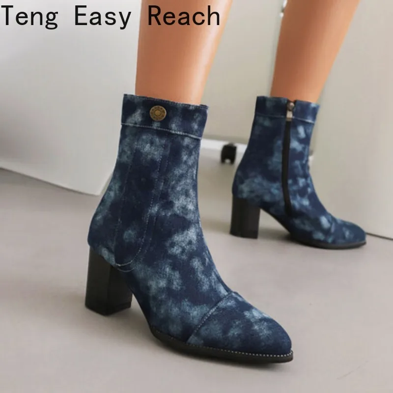Women 2025 Autumn Pointed Toe Ankle Short Boot Woman Side Zip Thick Heeled Shoes New High Heels Blue Denim Boots view 2
